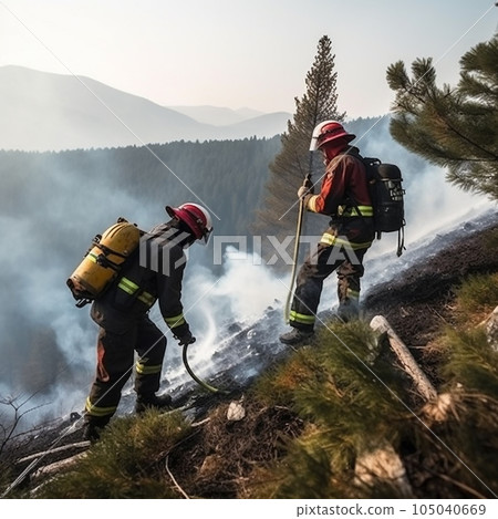 Firefighters in protective suits and masks extinguish a fire in nature in the mountains, hot summer, forest fires 105040669