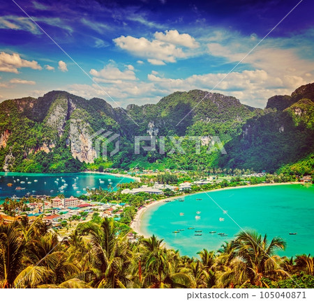 Vintage retro hipster style travel image of Travel vacation background - Tropical island with resorts - Phi-Phi island, Krabi Province, Thailand 105040871