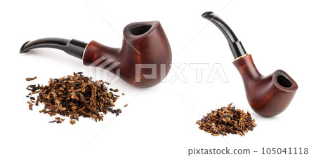 wooden tobacco pipe with dried smoking tobacco isolated on white background 105041118