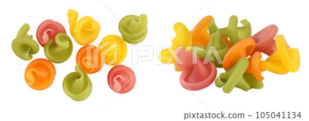 Raw colored pasta isolated on white background with  full depth of field. Top view. Flat lay 105041134