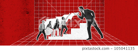 Contemporary art collage. Opposition. Employees feeling strong and safe together, making opposition to angry boss shouting in megaphone 105041135