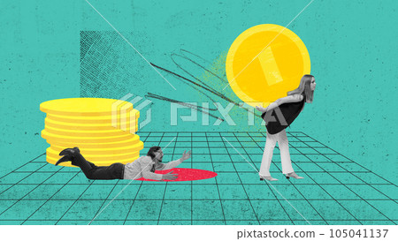 Contemporary art collage. Challenges and competition among employees. Woman carrying coin, man lying on floor and loosing. Contemporary art collage. Challenges and competition among employees. Woman carrying coin, man lying on floor and loosing. 105041137