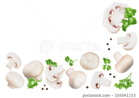 Fresh mushrooms and slices isolated on white background with copy space for your text. Top view. Flat lay. 105041153