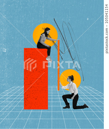 Contemporary art collage. Two female employees working together on same project. Assistance and well-coordinated teamwork 105041154