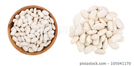 white kidney bean in wooden bowl isolated on white background. Top view. Flat lay white kidney bean in wooden bowl isolated on white background. Top view. Flat lay 105041170