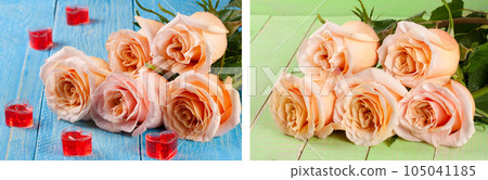 five beige rose with candles in the shape of heart on a blue wooden background five beige rose with candles in the shape of heart on a blue wooden background 105041185