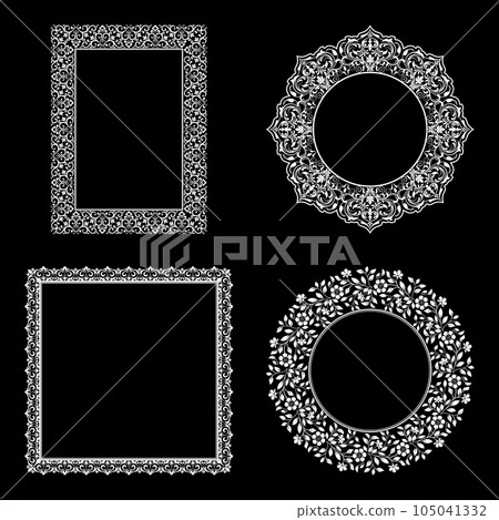 Set of decorative frames Elegant vector element for design in Eastern style, place for text. Floral black and white borders. Lace illustration for invitations and greeting cards. 105041332
