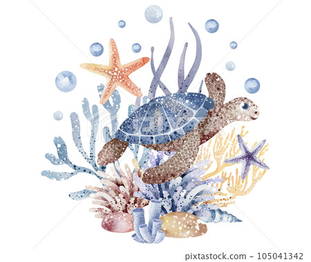 The composition of marine animals. Blue watercolor sea fish, turtle, whale and coral. Nautical illustration of nautical, jellyfish, starfish The composition of marine animals. Blue watercolor sea fish, turtle, whale and coral. Nautical illustration of nautical, jellyfish, starfish 105041342