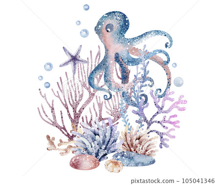 The composition of marine animals. Blue watercolor sea fish, turtle, whale and coral. Nautical illustration of nautical, jellyfish, starfish The composition of marine animals. Blue watercolor sea fish, turtle, whale and coral. Nautical illustration of nautical, jellyfish, starfish 105041346