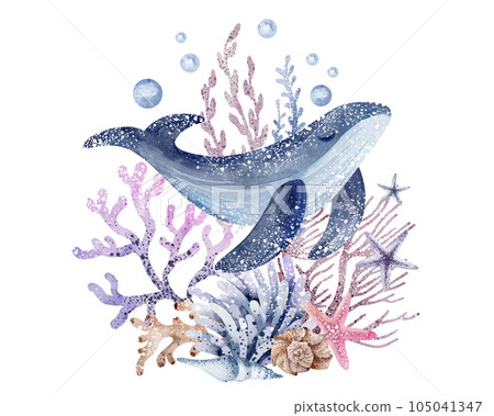 The composition of marine animals. Blue watercolor sea fish, turtle, whale and coral. Nautical illustration of nautical, jellyfish, starfish The composition of marine animals. Blue watercolor sea fish, turtle, whale and coral. Nautical illustration of nautical, jellyfish, starfish 105041347
