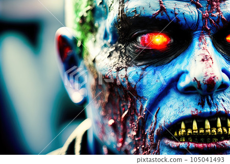 Techno zombie woth neon lights and shiny eyes. Cyberpunk horror party concept. Generated AI. 105041493