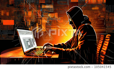 Man sitting with laptop in the secret laboratory. Hacker sending the virus. Generated AI. 105041545