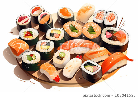 Sushi set. Collection of fast fool in asian style. Classic shushi and rice rolls. Generated AI. 105041553