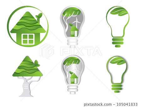 Set of icons symbol of green energy, clean house, eco-friendly house, city, concept of eco house, recycling, nature protection and environment, eco-friendly consumption. Vector on white background Set of icons symbol of green energy, clean house, eco-friendly house, city, concept of eco house, recycling, nature protection and environment, eco-friendly consumption. Vector on white background 105041833