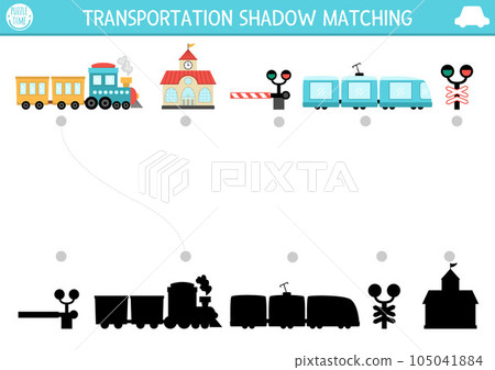 Transportation shadow matching activity. Railway transport puzzle with cute trains, station, semaphores. Find correct silhouette printable worksheet or game. Funny page for kids 105041884