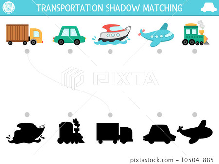 Transportation shadow matching activity. Transport puzzle with cute car, truck, speedboat, plane, train. Find correct silhouette printable worksheet or game. Funny page for kids Transportation shadow matching activity. Transport puzzle with cute car, truck, speedboat, plane, train. Find correct silhouette printable worksheet or game. Funny page for kids 105041885