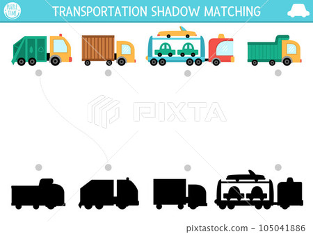 Transportation shadow matching activity. Transport puzzle with cute trucks. Find correct silhouette printable worksheet or game. Funny page for kids with lorry Transportation shadow matching activity. Transport puzzle with cute trucks. Find correct silhouette printable worksheet or game. Funny page for kids with lorry 105041886