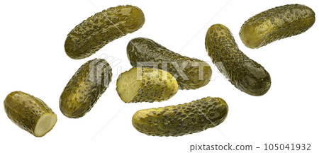 Marinated cucumbers, pickled gherkins isolated on white background 105041932