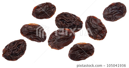 Falling raisins isolated on white background Falling raisins isolated on white background 105041936