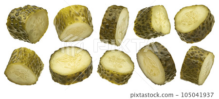 Pickled cucumber slices isolated on white background 105041937