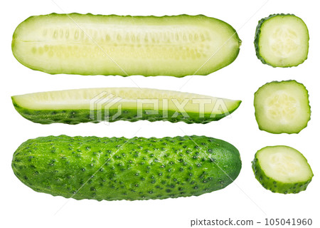 Cucumbers isolated on white background. Many small fresh cucumbers cut in different ways from different sides on a white background from different sides and different sizes. Cucumbers isolated on white background. Many small fresh cucumbers cut in different ways from different sides on a white background from different sides and different sizes. 105041960