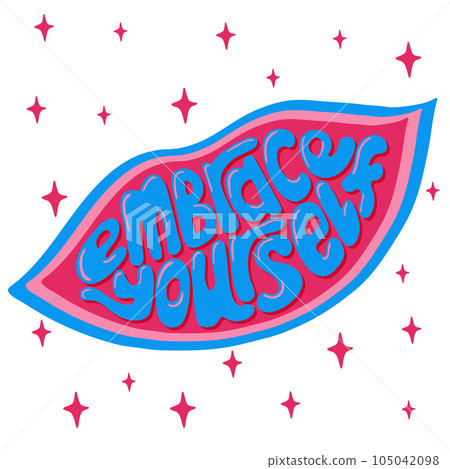 Self-love vintage vibrant typographic composition. isolated Hand drawn slogan Embrace yourself in lips shape. Trendy print design for posters, tshirt, cards, social media, printouts, sticker Self-love vintage vibrant typographic composition. isolated Hand drawn slogan Embrace yourself in lips shape. Trendy print design for posters, tshirt, cards, social media, printouts, sticker 105042098