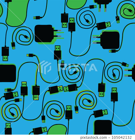 seamless pattern with wires,charger and usbwith blue background seamless pattern with wires,charger and usbwith blue background 105042132
