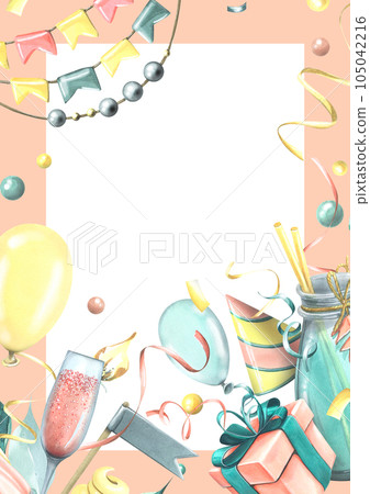 Vertical birthday card with pink champagne, balloons, gifts, confetti, flags. Watercolor illustration, hand drawn. Frame template for text on a white background 105042216