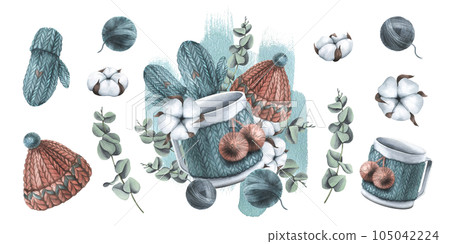 Winter, watercolor illustration with a knitted hat and mittens, balls of thread, with a mug, cotton and eucalyptus. Watercolor illustration hand drawn. Set isolated elements on a white background. Winter, watercolor illustration with a knitted hat and mittens, balls of thread, with a mug, cotton and eucalyptus. Watercolor illustration hand drawn. Set isolated elements on a white background. 105042224