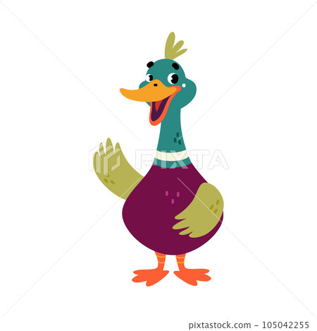 Funny Dabbling Duck Character Stand and Waving Wing Vector Illustration 105042255