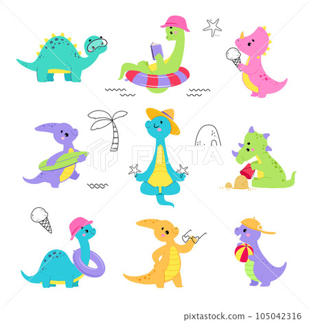 Cute Baby Dino Character Enjoy Summer Vector Set 105042316