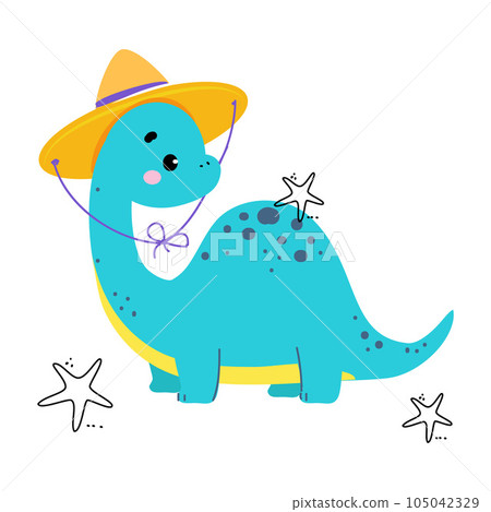 Cute Baby Dino Character in Straw Hat Enjoy Summer Vector Illustration 105042329