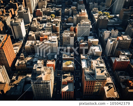 A bird's-eye view image of a bustling cityscape, providing a unique perspective on daily life. Generative AI 105042379