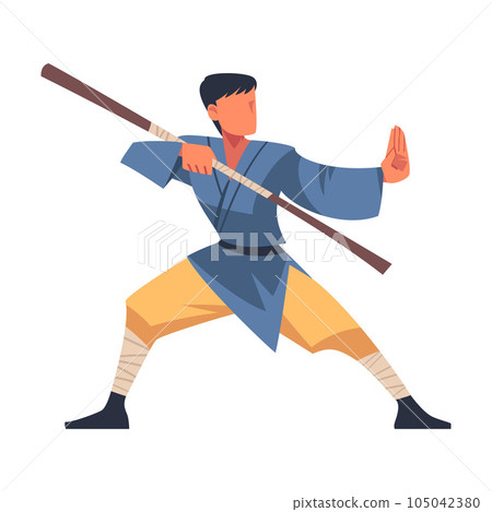 Man Engaged in Wushu or Kung fu with Stick as Martial Arts Vector Illustration 105042380