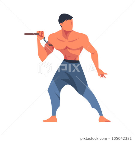 Man Engaged in Martial Arts with Nunchaku Vector Illustration 105042381