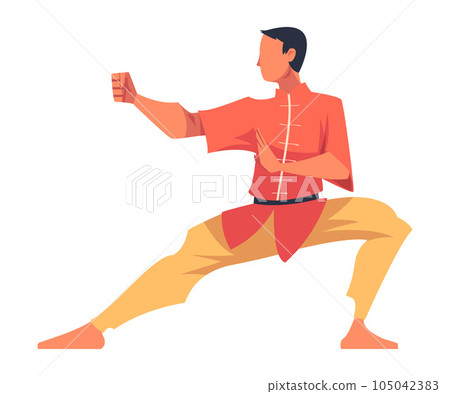 Man Engaged in Wushu or Kung fu as Martial Arts Vector Illustration Man Engaged in Wushu or Kung fu as Martial Arts Vector Illustration 105042383