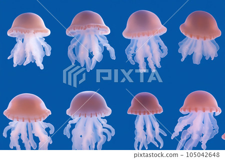 Jellyfish. Jellyfishs. Colorful jellyfish underwater. Shellfish moving in the water. Jellyfish 3D illustration background. Jellyfish swim in the sea, light passes through the water. 105042648