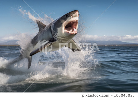 A shark jumps out of the water, its powerful jaws ready to attack. This image in blue tones captures the danger and excitement of underwater life. AI Generative. 105043053