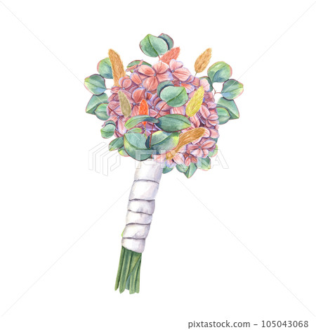 Bright floral bouquet of hydrangea, eucalyptus, lagurus with white satin ribbon. Orange, yellow, terracotta, green colors. Composition isolated on white background. For wedding stationary, invitation Bright floral bouquet of hydrangea, eucalyptus, lagurus with white satin ribbon. Orange, yellow, terracotta, green colors. Composition isolated on white background. For wedding stationary, invitation 105043068
