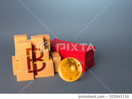 Boxes of goods and thai baht symbol. Production, warehousing storage and shipping logistics worldwide. Manufacture freight and sale of products. Markets. Business globalization. World trade economy. Boxes of goods and thai baht symbol. Production, warehousing storage and shipping logistics worldwide. Manufacture freight and sale of products. Markets. Business globalization. World trade economy. 105043130