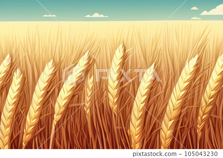 Cereal. Wheat. Wheat field. Cereal field. Conflict over cereal between Russia and Europe. Wheat field. Golden wheat ears close up. Beautiful rural landscape under bright sunlight and blue sky. Cereal. Wheat. Wheat field. Cereal field. Conflict over cereal between Russia and Europe. Wheat field. Golden wheat ears close up. Beautiful rural landscape under bright sunlight and blue sky. 105043230