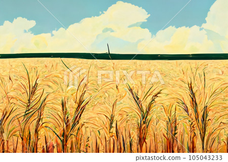 Cereal. Wheat. Wheat field. Cereal field. Conflict over cereal between Russia and Europe. Wheat field. Golden wheat ears close up. Beautiful rural landscape under bright sunlight and blue sky. Cereal. Wheat. Wheat field. Cereal field. Conflict over cereal between Russia and Europe. Wheat field. Golden wheat ears close up. Beautiful rural landscape under bright sunlight and blue sky. 105043233