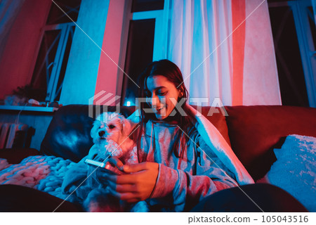 Beautiful young girl at home in a dark room with smartphone in her hands playing with her dog and sits in front of a monitor or TV. 105043516