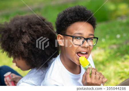 Two children eating ice cream in park sitting on green grass. Two children eating ice cream in park sitting on green grass. 105044286