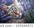 A cat taking a nap in a lavender field 105044472