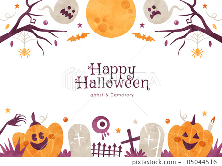 Halloween background frame Watercolor illustration of pumpkin, ghost and cemetery 105044516
