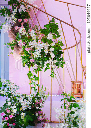 The decor of the table in the restaurant with fresh flowers. The decor of the table in the restaurant with fresh flowers. 105044657