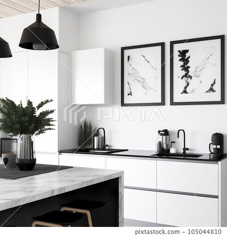 Modern Kitchen Interior with Black and White Color Scheme Modern Kitchen Interior with Black and White Color Scheme 105044810