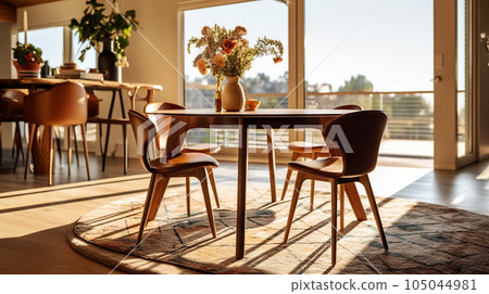 an elegant dining room with chairs on the table and a view of the outdoor window - Genrative AI an elegant dining room with chairs on the table and a view of the outdoor window - Genrative AI 105044981