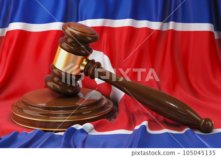 North Korean law and justice concept. Wooden gavel on flag of North Korea, 3D rendering 105045135